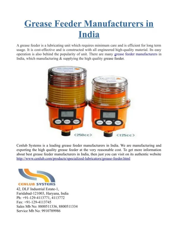 Grease Feeder Manufacturers in India