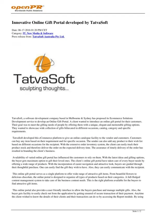 Innovative Online Gift Portal developed by TatvaSoft