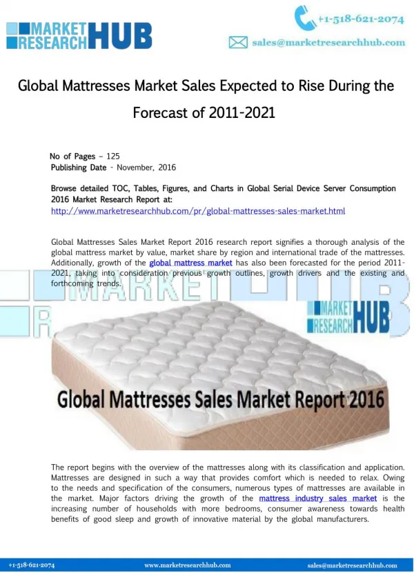 Global Mattresses Market Sales Expected to Rise during the Forecast of 2011-2021