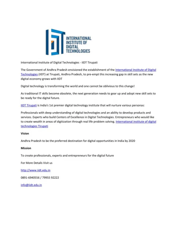 International Institute of Digital Technologies - IIDT Tirupati