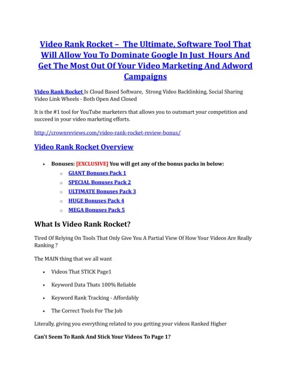 Video Rank Rocket Review & Video Rank Rocket $16,700 bonuses