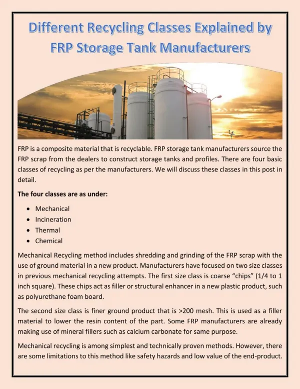 Different Recycling Classes Explained by FRP Storage Tank Manufacturers
