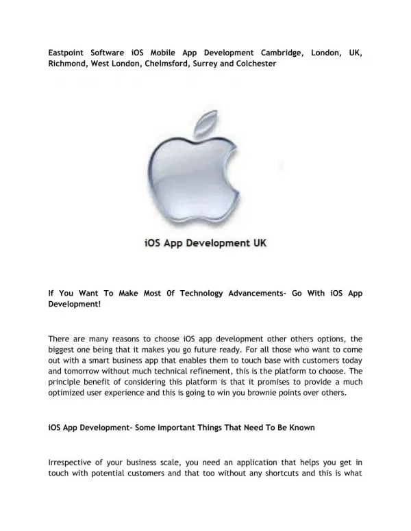 Eastpoint Software iOS Mobile App Development Cambridge, London, UK, Richmond, West London, Chelmsford, Surrey and Colch