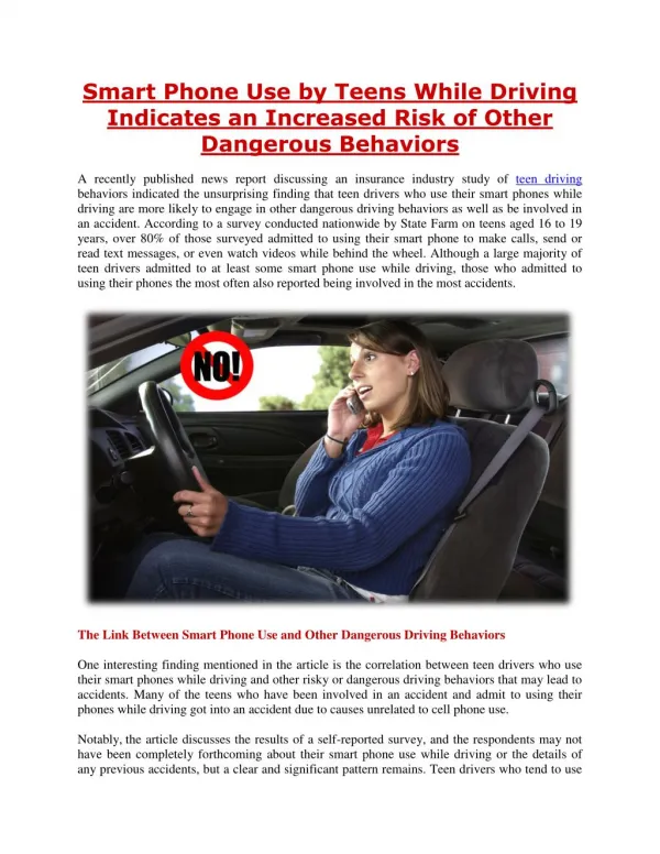 Smart Phone Use by Teens While Driving Indicates an Increased Risk of Other Dangerous Behaviors