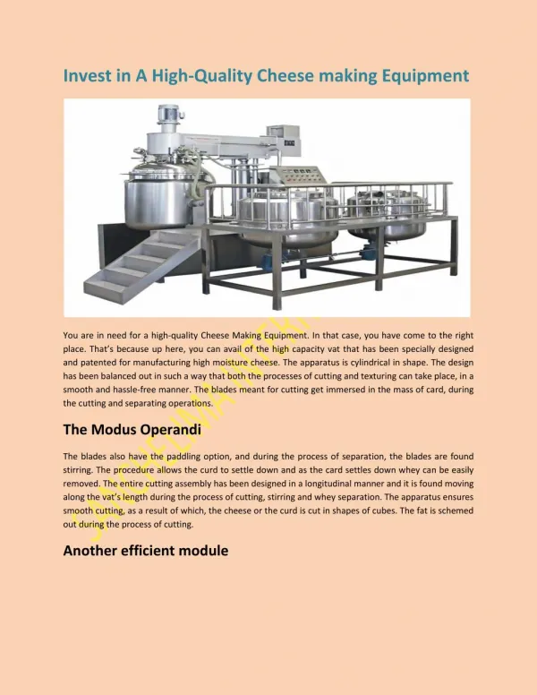 Invest in A High-Quality Cheese making Equipment