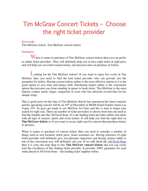 Tim McGraw Concert Tickets – Choose the right ticket provider