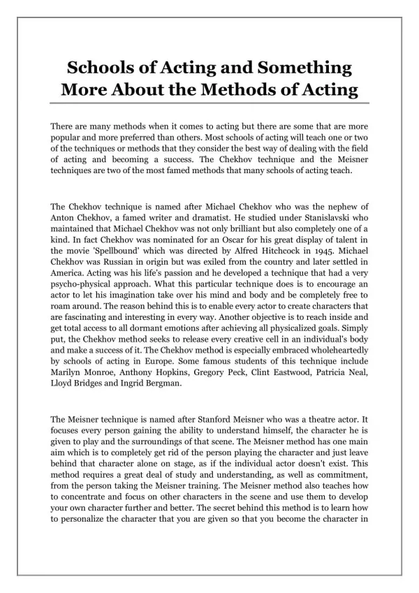 Schools of Acting and Something More About the Methods of Acting