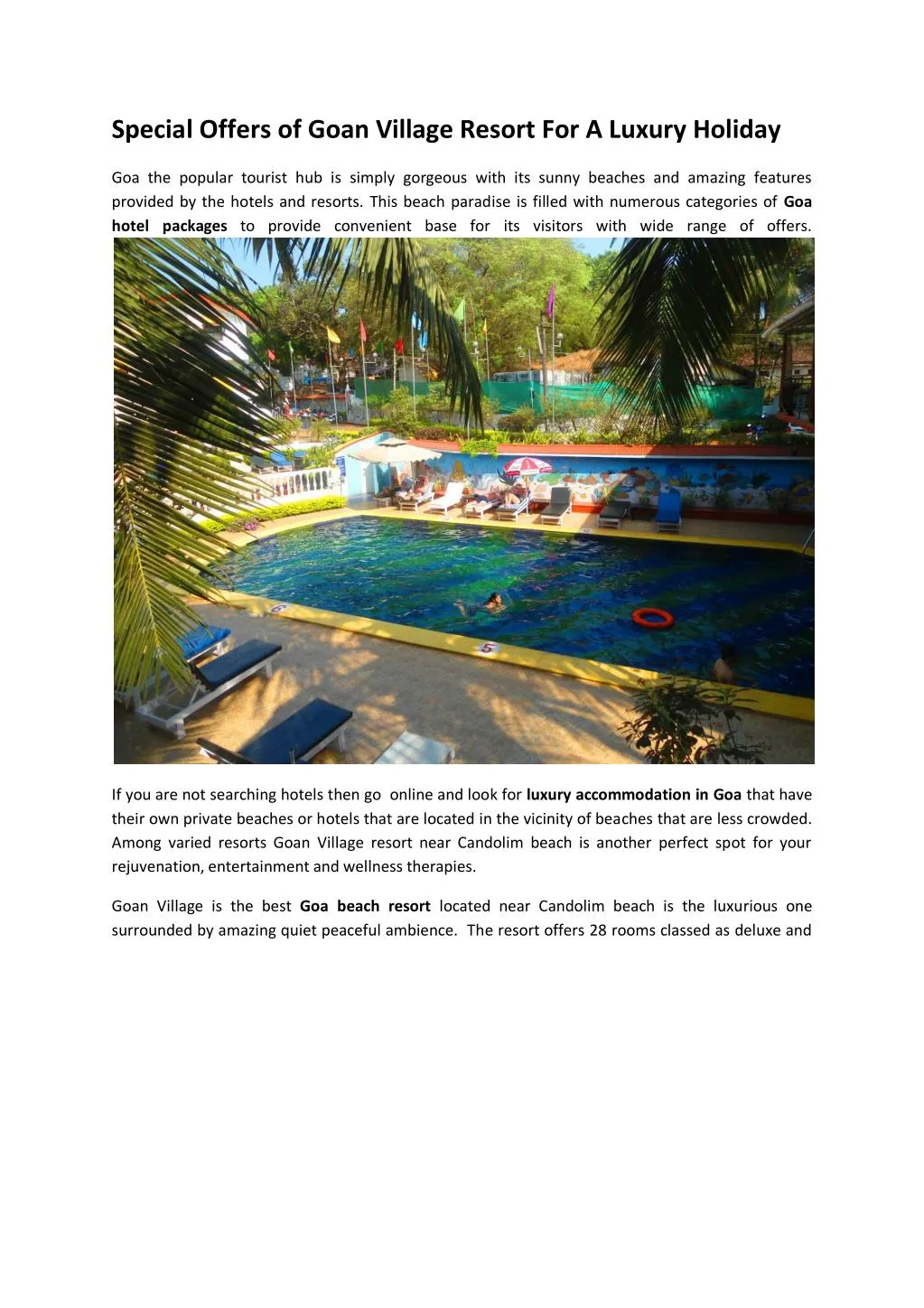 Special Offers of Goan Village Resort For A Luxury Holiday