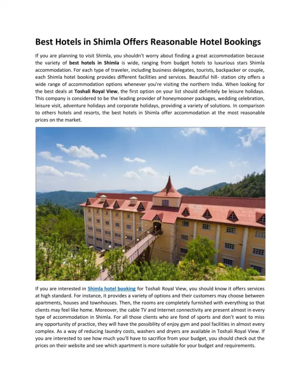 Best Hotels in Shimla Offers Reasonable Hotel Bookings