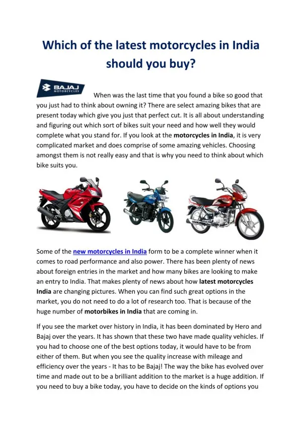 Which of the latest motorcycles in India should you buy