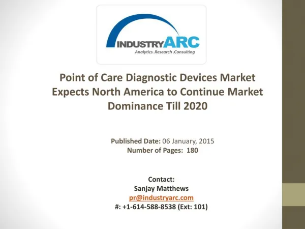 Point of Care Diagnostic Devices Market Growth to Stand At 10.65% CAGR Through 2020