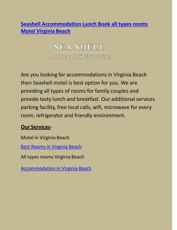 Seashell Accommodation All types rooms Lunch Book Motel Virginia Beach