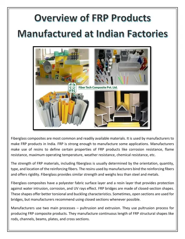 Overview of FRP Products Manufactured at Indian Factories