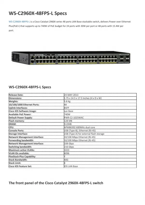 WS-C2960X-48FPS-L Specs