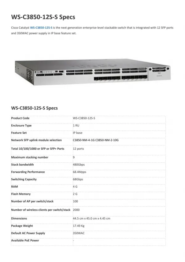 Ws-C3850-12S-S Specs