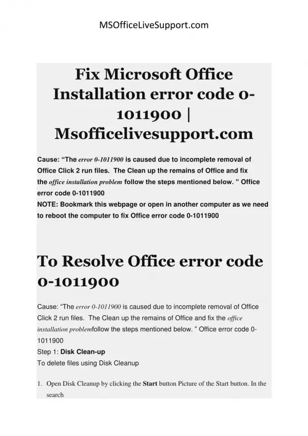 Microsoft Office Installation error code 0-1011900 Msofficelivesupport.com