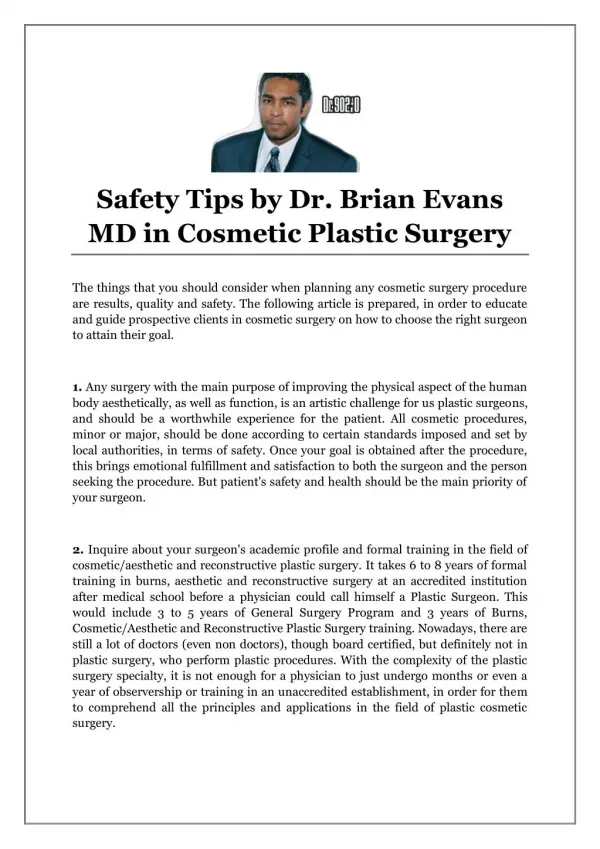 Safety Tips by Dr. Brian Evans MD in Cosmetic Plastic Surgery