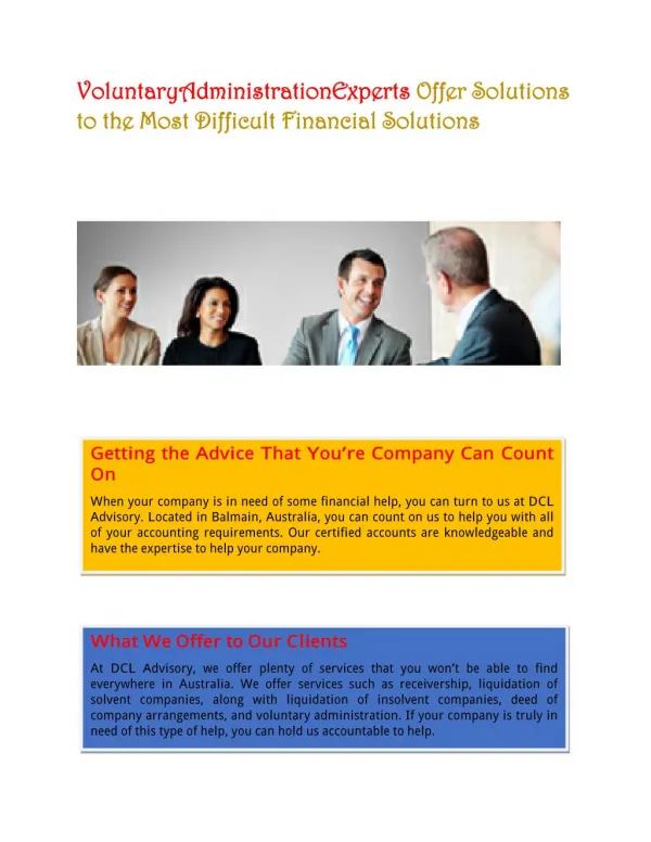 VoluntaryAdministrationExperts Offer Solutions to the Most Difficult Financial Solutions