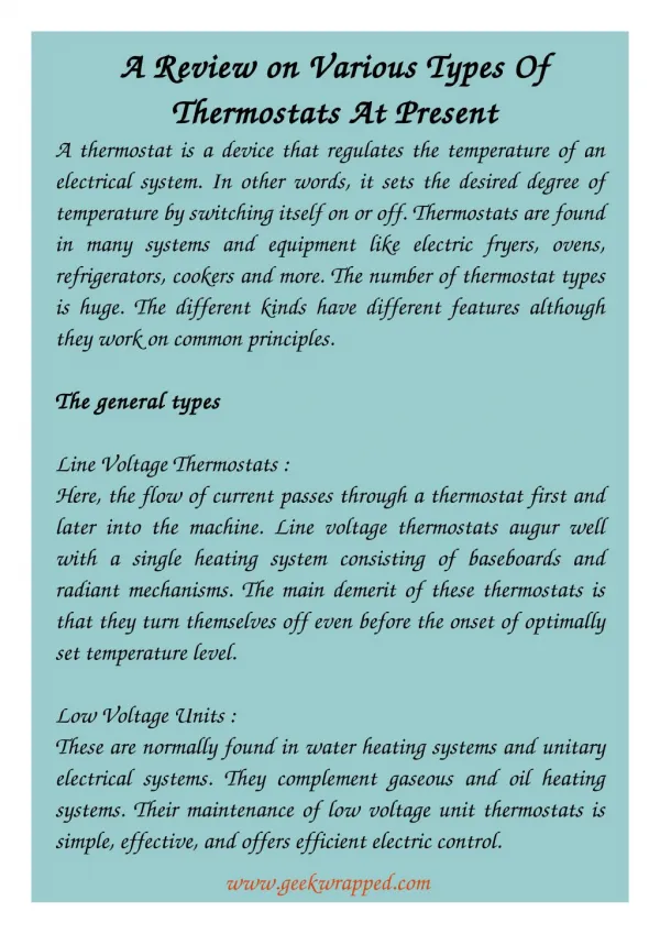 A Review on Various Types Of Thermostats At Present