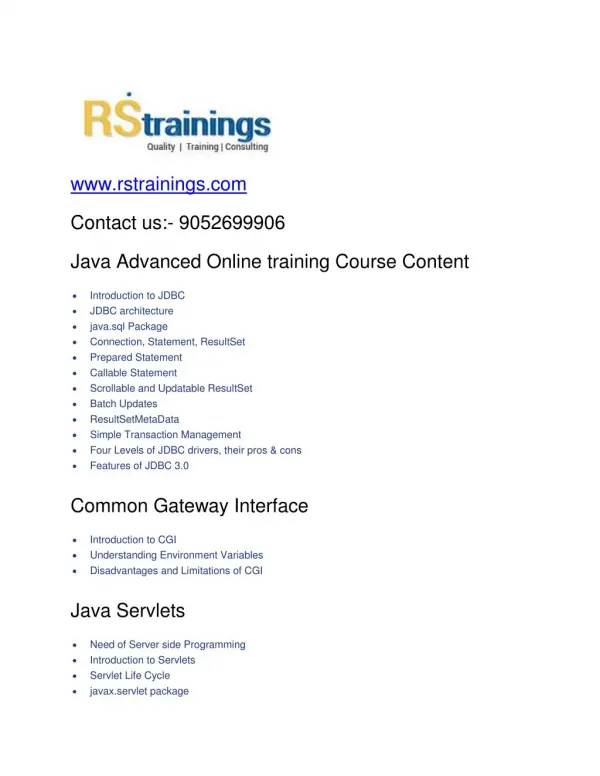JAVA Advanced Online classes Training course content