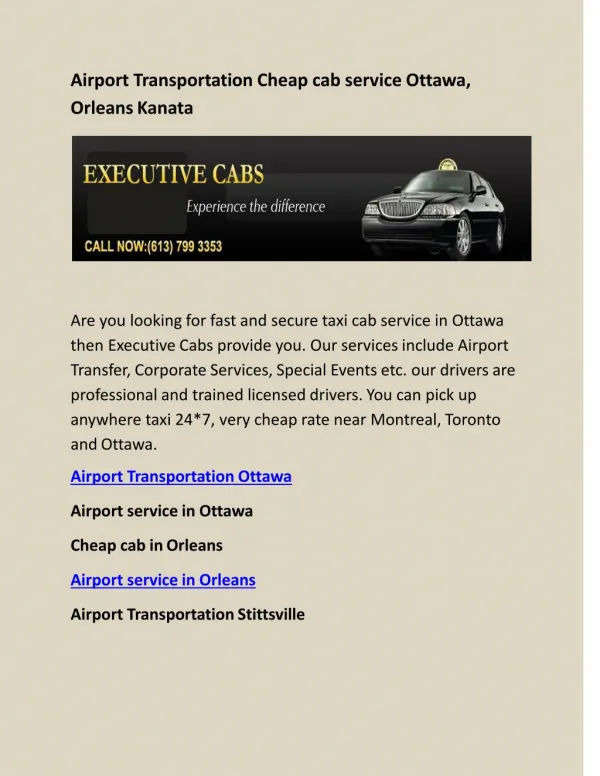 Airport Transportation Cheap cab service Ottawa, Orleans Kanata