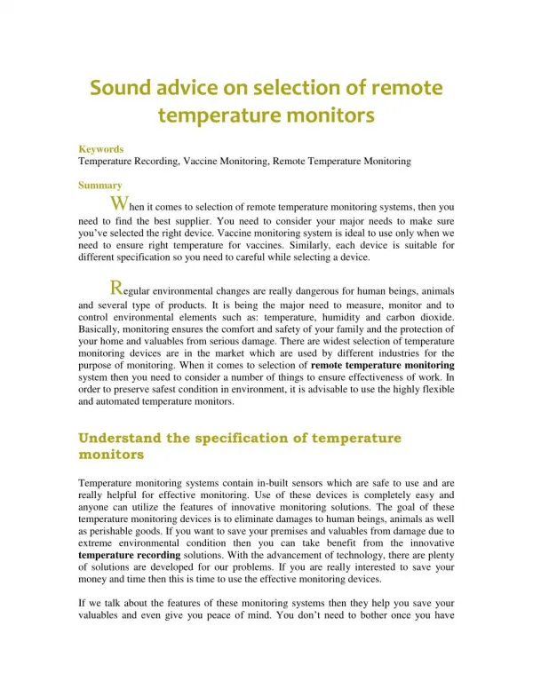 Sound advice on selection of remote temperature monitors