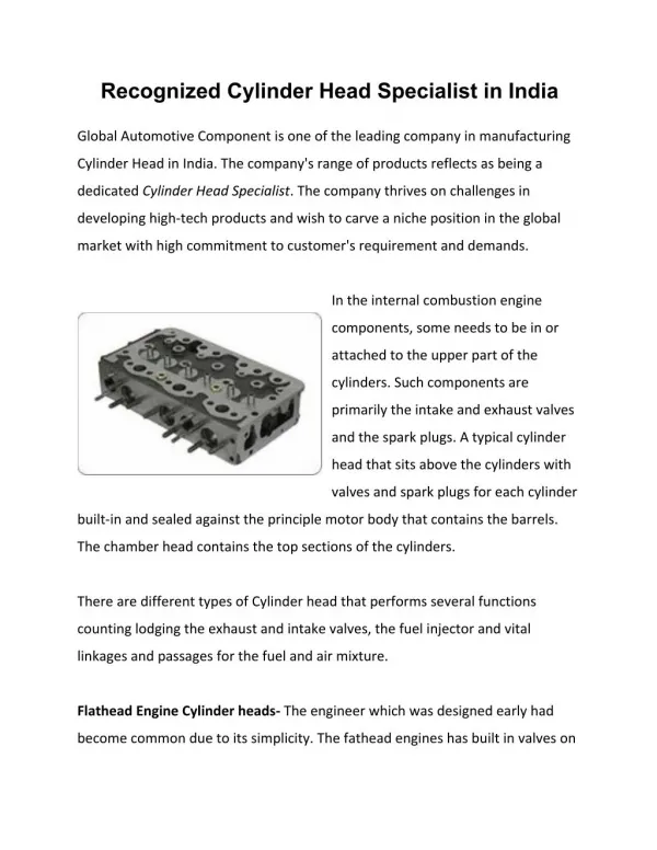 Recognized Cylinder Head Specialist in India