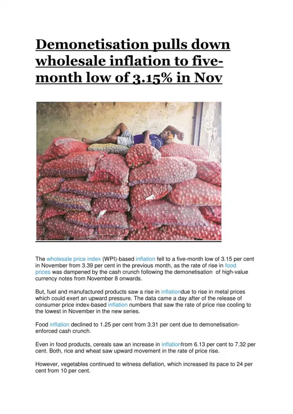 Demonetisation pulls down wholesale inflation to five-month low of 3.15% in Nov