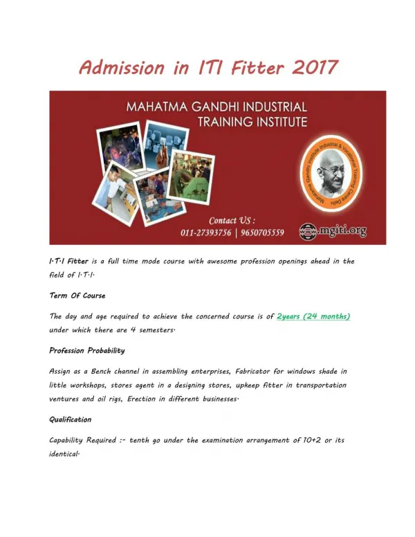 Admission in ITI Fitter 2017