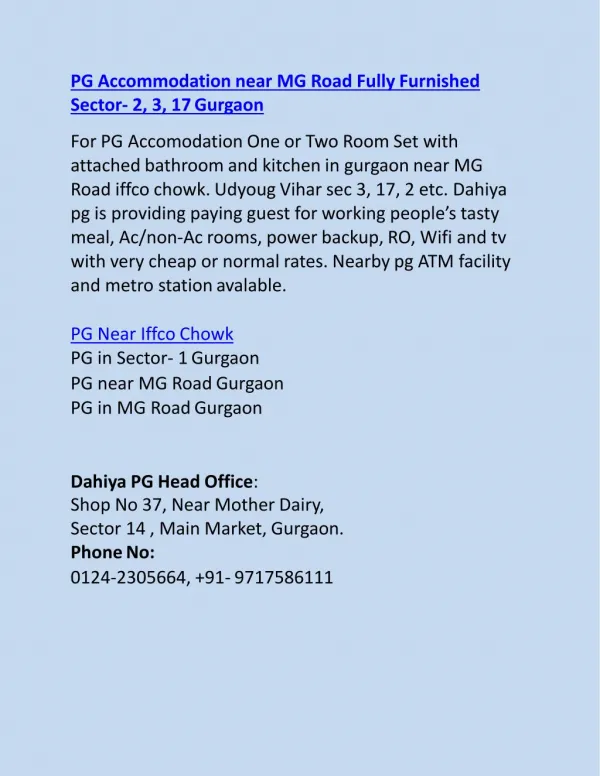 PG Accommodation near MG Road Fully Furnished Sector- 2, 3, 17 Gurgaon