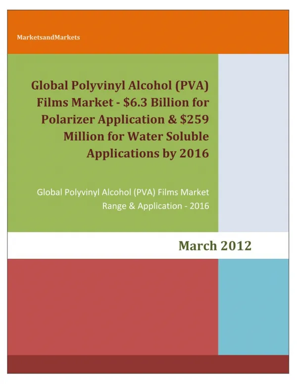 Global Polyvinyl Alcohol (PVA) Films Market - $6.3 Billion for Polarizer Application & $259 Million for Water Soluble Ap