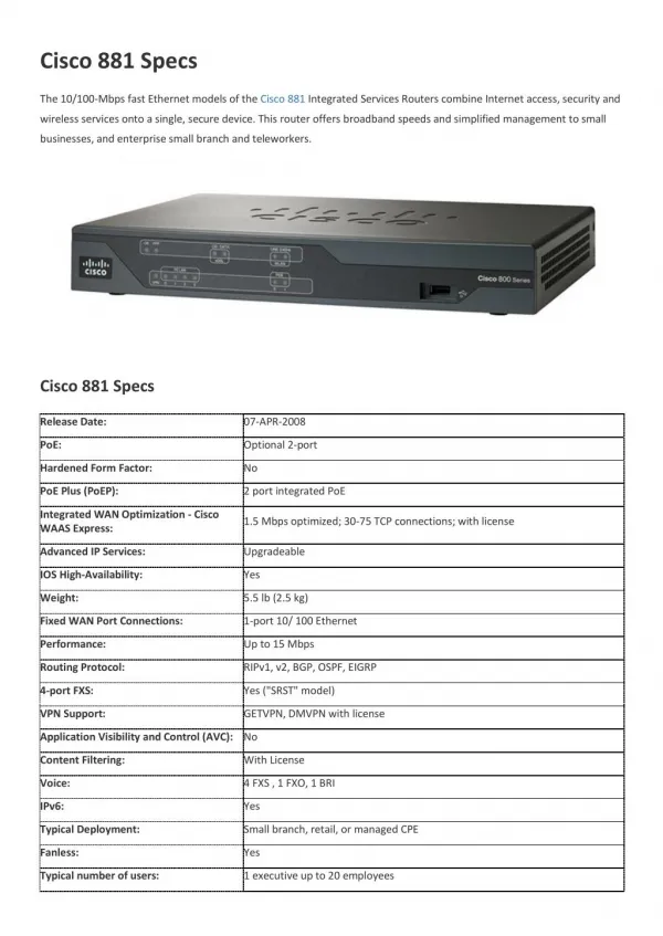 Cisco 881 Specs