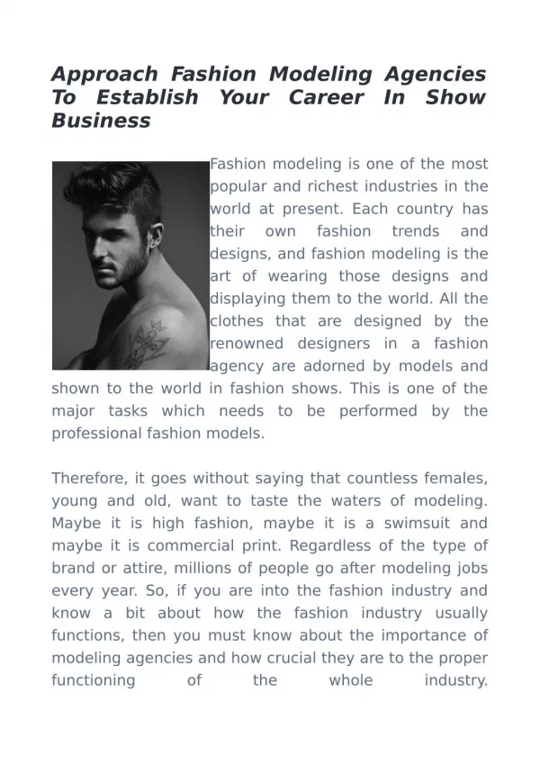 Approach Fashion Modeling Agencies To Establish Your Career In Show Business