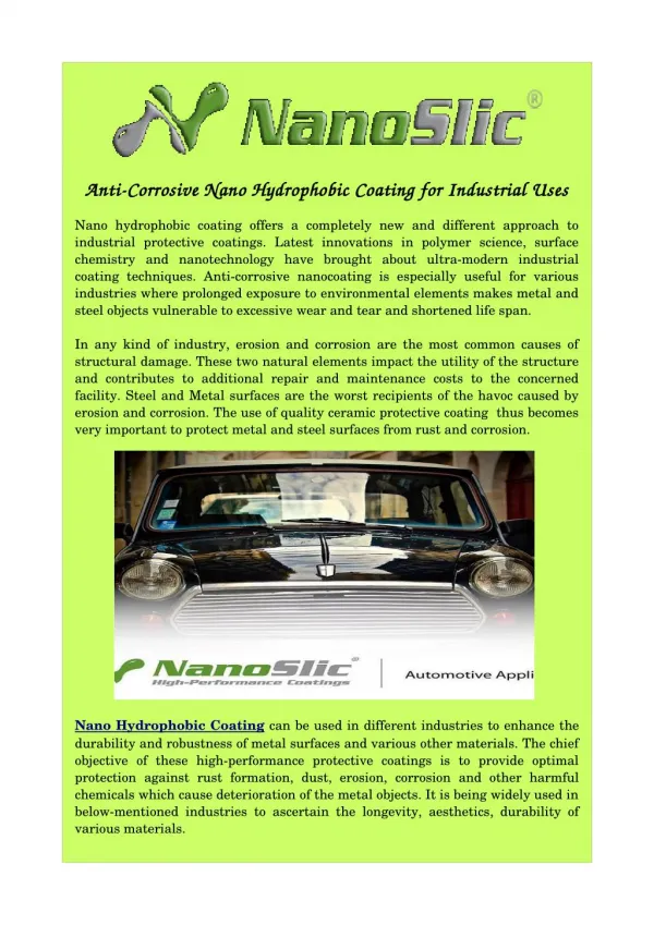Anti-Corrosive Nano Hydrophobic Coating for Industrial Uses
