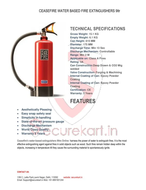 Features of CEASEFIRE WATER BASED FIRE EXTINGUISHERS 9 Ltr