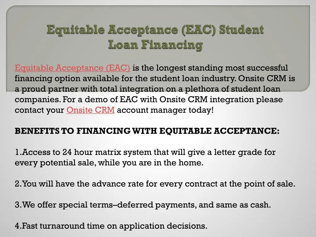 equitable acceptance eac student loan financing