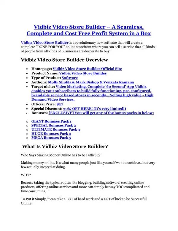 Vidbiz Video Store Builder Review-(Free) bonus and discount