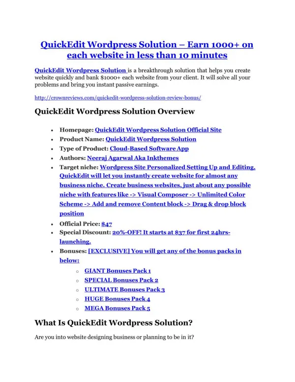 QuickEdit Wordpress Solution review and Exclusive $26,400 Bonus