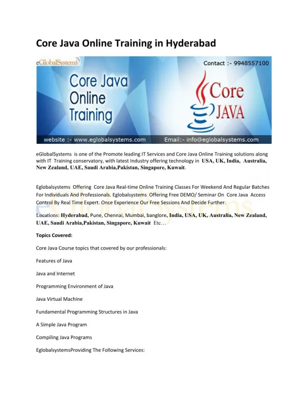 Core Java Online Training in Hyderabad, India , USA - eglobalsystems