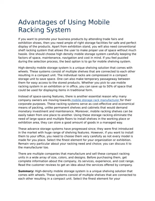 Advantages of Using Mobile Racking System