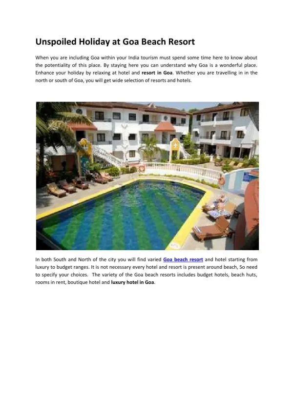 Unspoiled Holiday at Goa Beach Resort