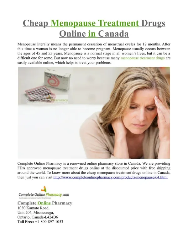 Cheap Menopause Treatment Drugs Online in Canada