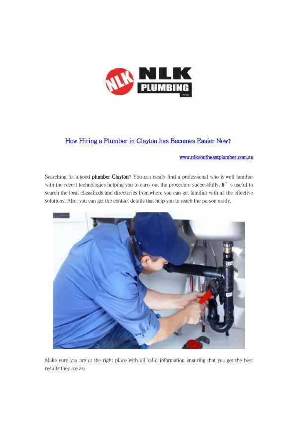 How Hiring a Plumber in Clayton has Becomes Easier Now?