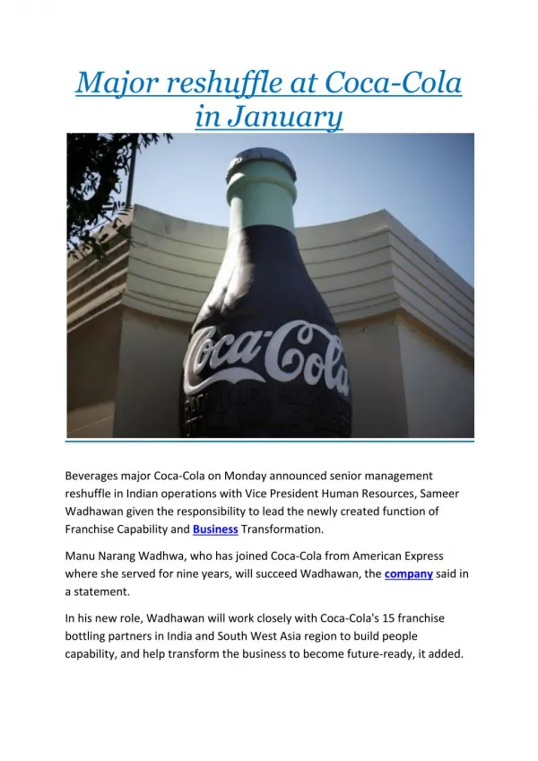 Major reshuffle at Coca-Cola in January