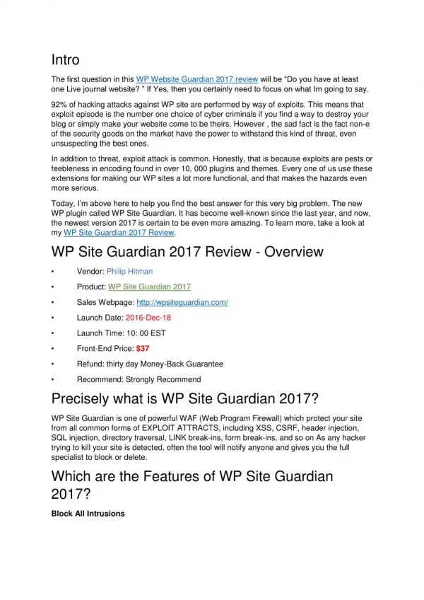 WP Site Guardian 2017 Review – Does This Protect Your Site from Hacker?