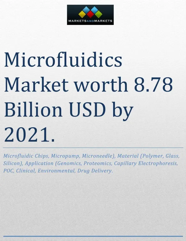 The global microfluidics market is projected to reach USD 8.78 Billion by 2021, at a CAGR of 19.2% from 2016 to 2021