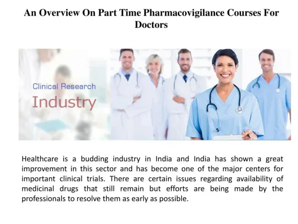 Part Time Pharmacovigilance Courses For Doctors