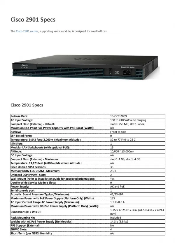 Cisco 2901 Specs