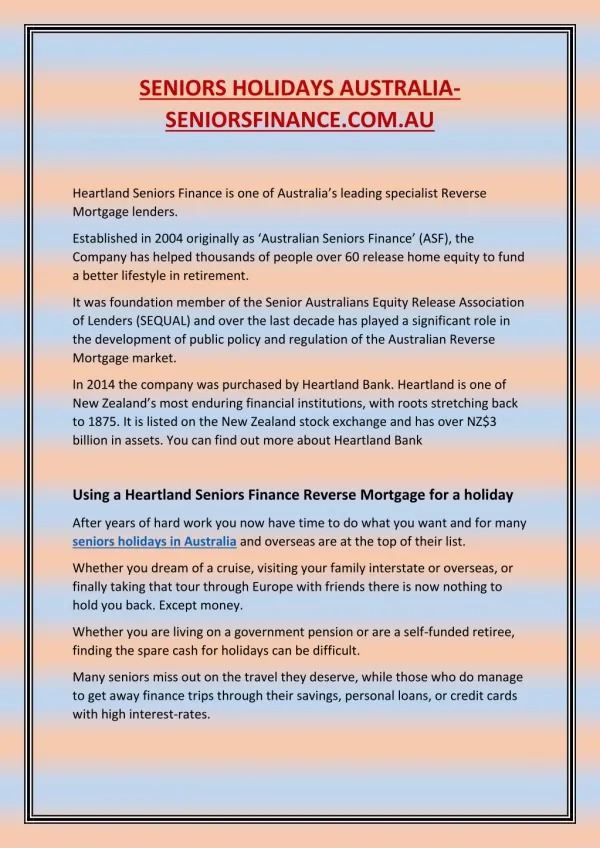Heartland Seniors Finance – seniors holidays Australia