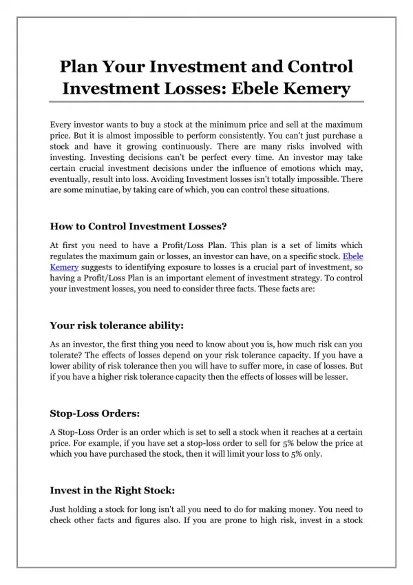 Plan Your Investment and Control Investment Losses: Ebele Kemery